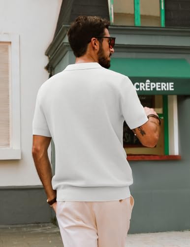 Mens Polo Shirts Short Sleeve V Neck Knit Textured Polo Knitted Golf Shirt