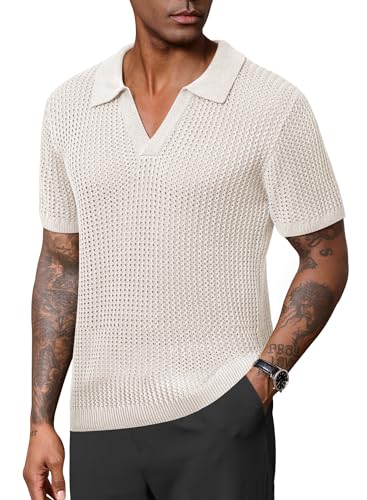 Mens Johnny Collar Polo Shirts Crochet Hollow Out Summer Casual Shirt (S-XXL)