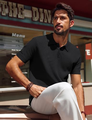 Polo Shirts for Men Short Sleeve Casual Knit Waffle Texture Polo Golf Shirt