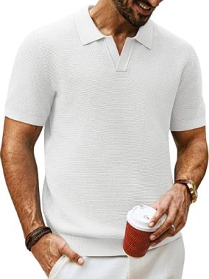 Mens Polo Shirts Short Sleeve V Neck Knit Textured Polo Knitted Golf Shirt