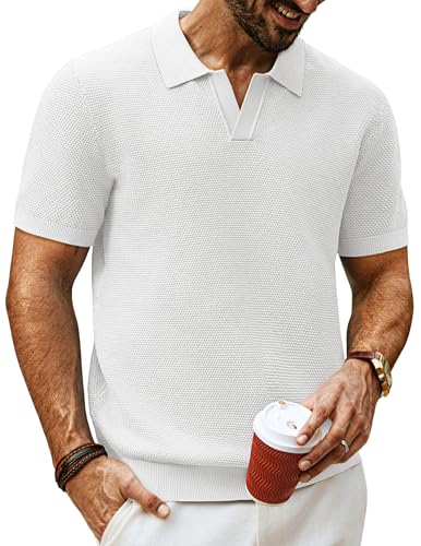 Mens Polo Shirts Short Sleeve V Neck Knit Textured Polo Knitted Golf Shirt
