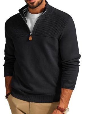 Men's Quarter Zip Sweater Slim Fit Casual Pullover Sweater Mock Neck Polo Sweaters