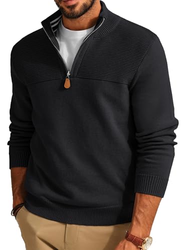 Men's Quarter Zip Sweater Slim Fit Casual Pullover Sweater Mock Neck Polo Sweaters