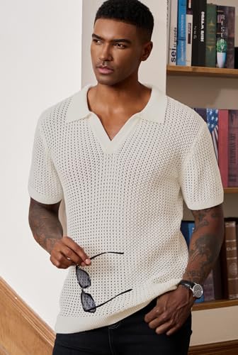 Mens Johnny Collar Polo Shirts Crochet Hollow Out Summer Casual Shirt (S-XXL)
