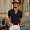 Mens Polo Shirts Vintage Striped Button Down Knitted Golf Shirts