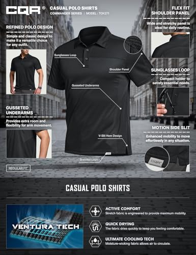 Men's Polo Shirts, Tactical Short Sleeve Golf Performance Shirts, Lightweight Dry Fit UPF 50+ Pique