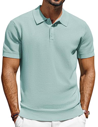 Mens Short Sleeve Button Down Polo Shirt Casual Knit Shirt Waffle Polo Shirt