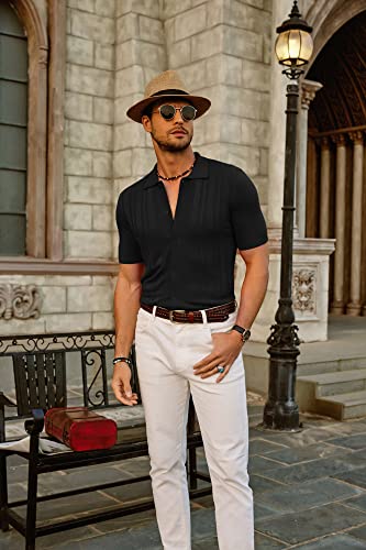 Mens Polo Shirts Vintage Striped Button Down Knitted Golf Shirts